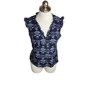 Janeville Women's Size 6 Silk Floral Blouse‎ V-Neck Flutter Sleeve Blue Purple